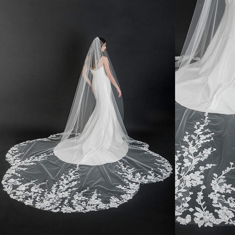 Customized Classic Wedding Veils Appliques Lace One Layer Cathedral Length Bride Veil Applique Edge With Comb Bridal Accessories