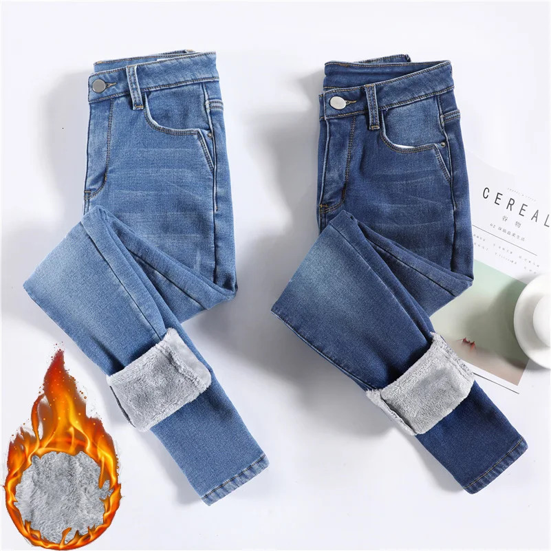 Women Thermal Jeans Winter Snow Warm Plush Stretch Jeans Lady Skinny Thicken Fleece Denim Long Pants Retro Blue Pencil Trousers 241031