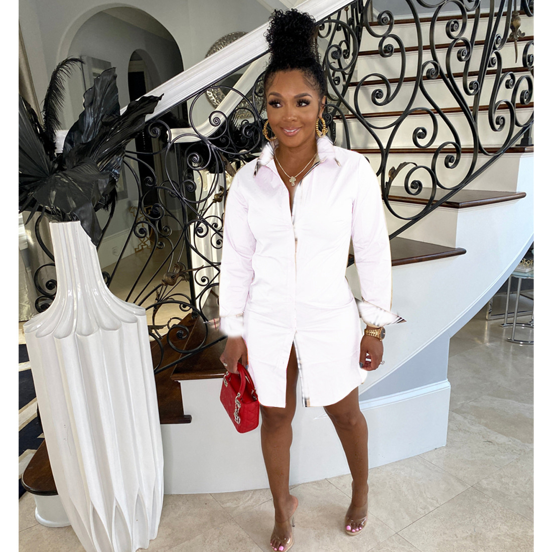 Casual Dresses Ladies' -selling Long-sleeved O-neck Fashion Sexy Temperament Tight Stitching Work Office Shirts Dress Wholesale