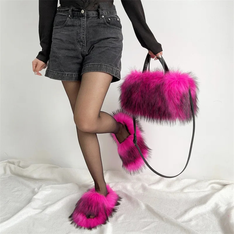 Winter Women Faux Fur Slippers Bag Set Fur Handbag Shoulder Bag Fluffy Furry Slides House Outdoors Fuzzy Slippers Crossbody Bag 241031