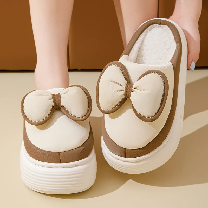 Fluffy Womens Home Sliding Platform Cotton Fur Apartment Winter Mule Shoes Butterfly Knot Decoration Home Comfortable Leisure 241031