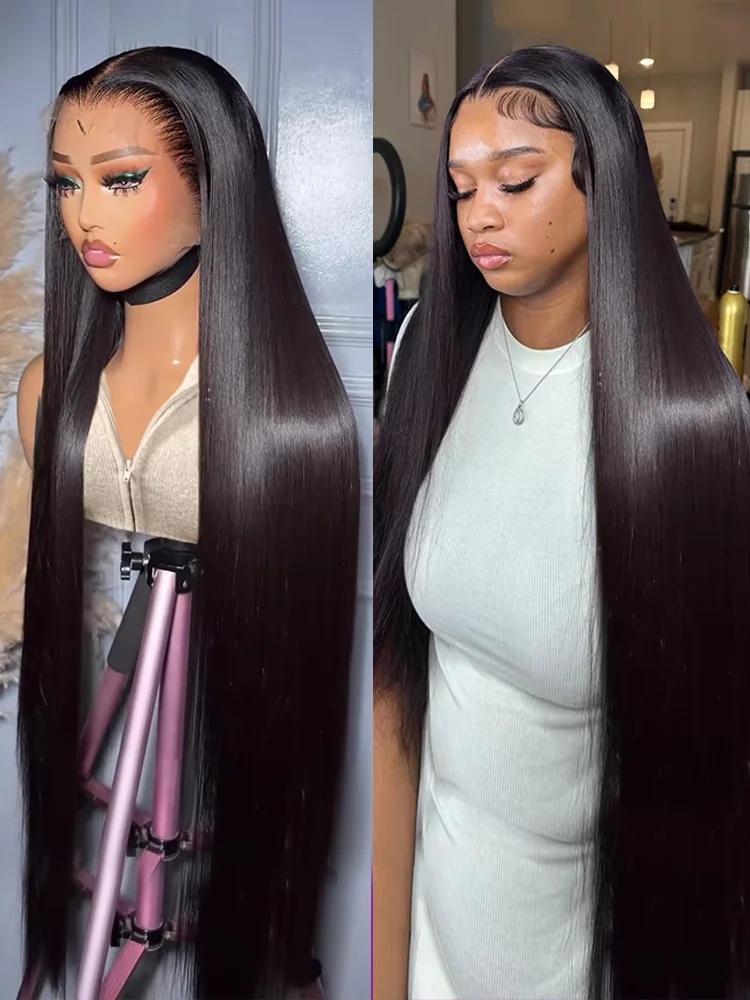 Hd 250 Density Peruvian Hair Straight Glueless Lace Front Wig Human Hair Ready To Wear Black Lace Wig 40 Inch 360 Lace Frontal Wigs
