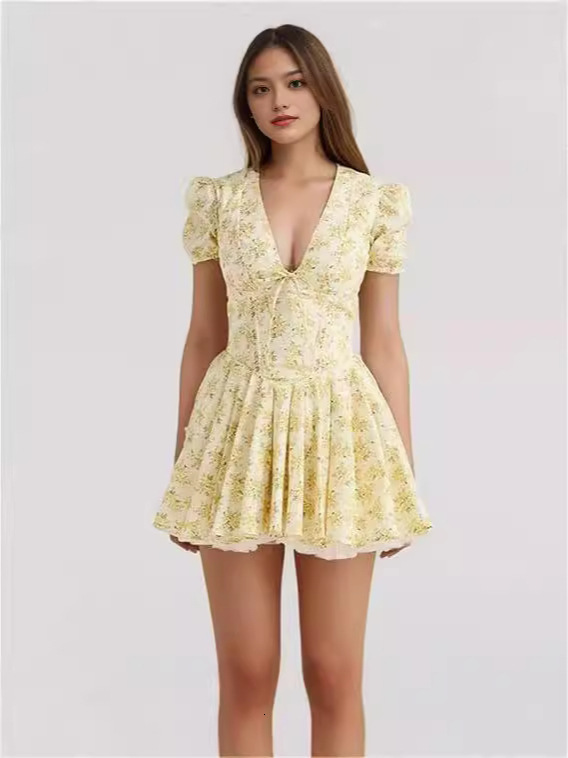 european and american women's clothing summer new product fashion first love floral bubble sleeves vneck slim fit french retro dress fluffy skirt