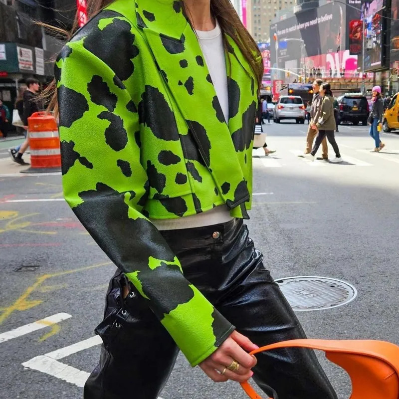 PU Leather Cow Printed Women Crop Jacket Blazer Notched Neck Loose Coat Fall Winter Y2K Streetwear Sexy Night Club Outfits 241031