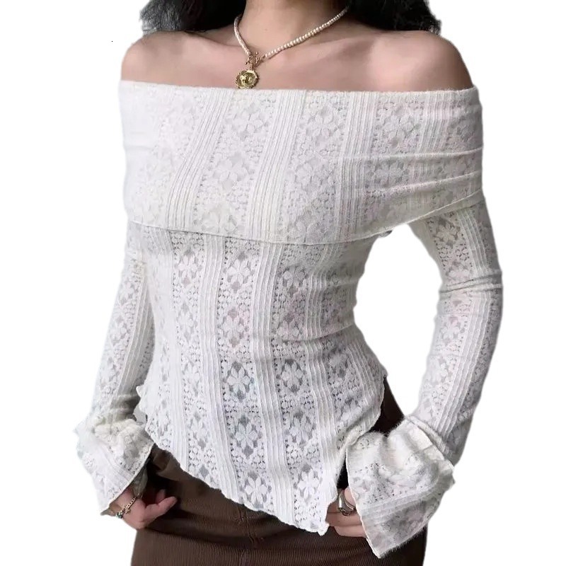 Designer style irregular jacquard hollowed out one shoulder brushed lace long sleeved T-shirt for women slim fit spicy girl top