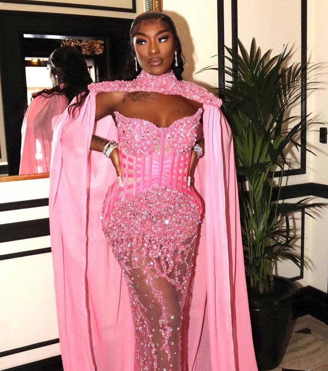 Pink Mermaid Evening Dresses With Wraps Crystal Beading Sequined Prom Gowns Red Carpet Show Formal Special Occasion Dress