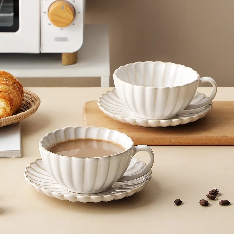 1set 230ml Vintage Ceramic Coffee Mug and Saucer Plate Tea Cup Set Drinking Cups for Breakfast Afternoon Tea Drinkware Gifts 241030