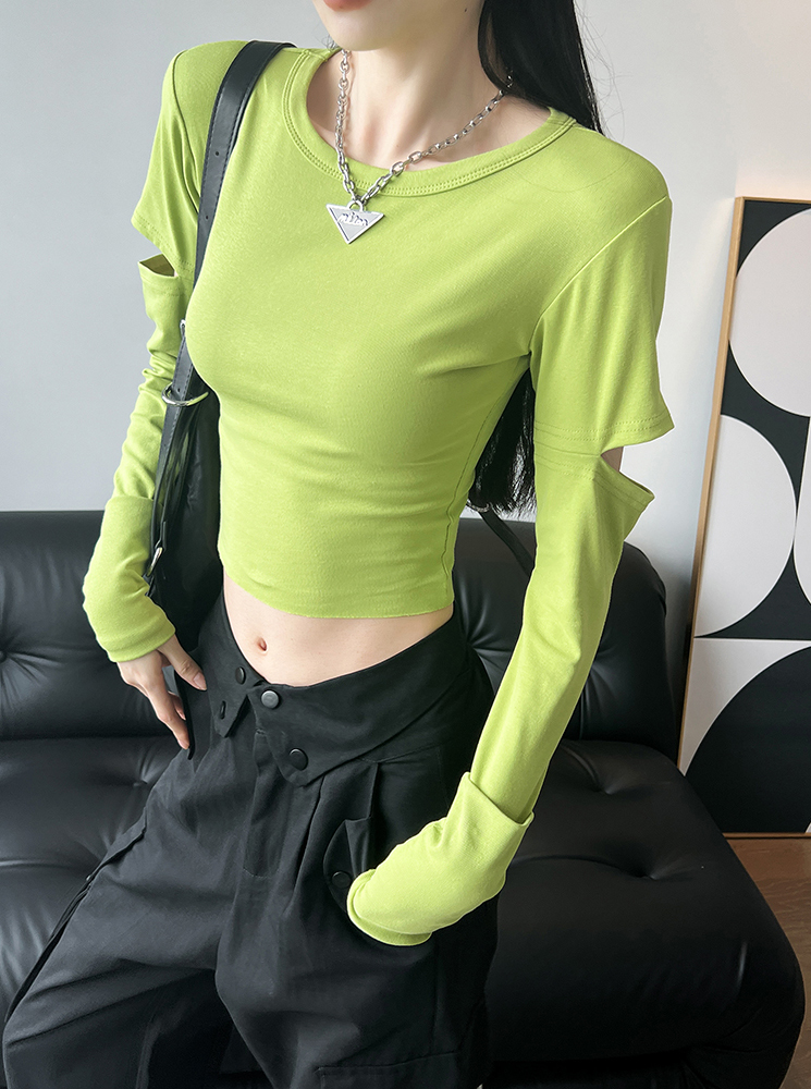 Dynamic Girls Slim Sexy Long Sleeve T-Shirt Women Round Neck Pullover Sleeve Ins Opening High Waisted Short Tops