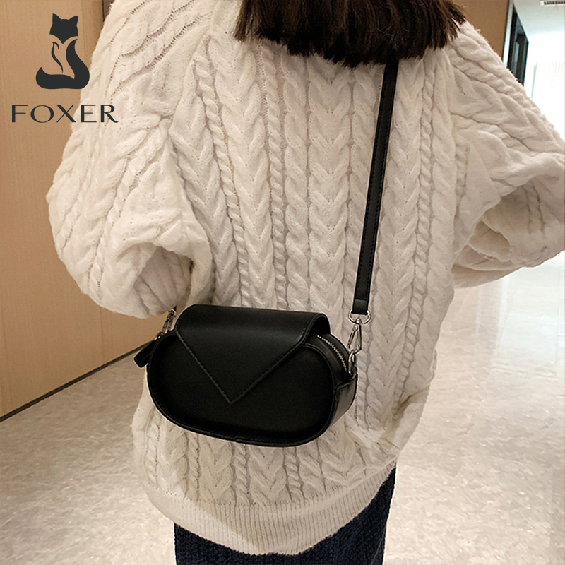FOXER Round Small Shoulder Women Hasp Split Leather Messenger Female Fashion Zipper Adjustable Crossbody Bag Girl's Gift