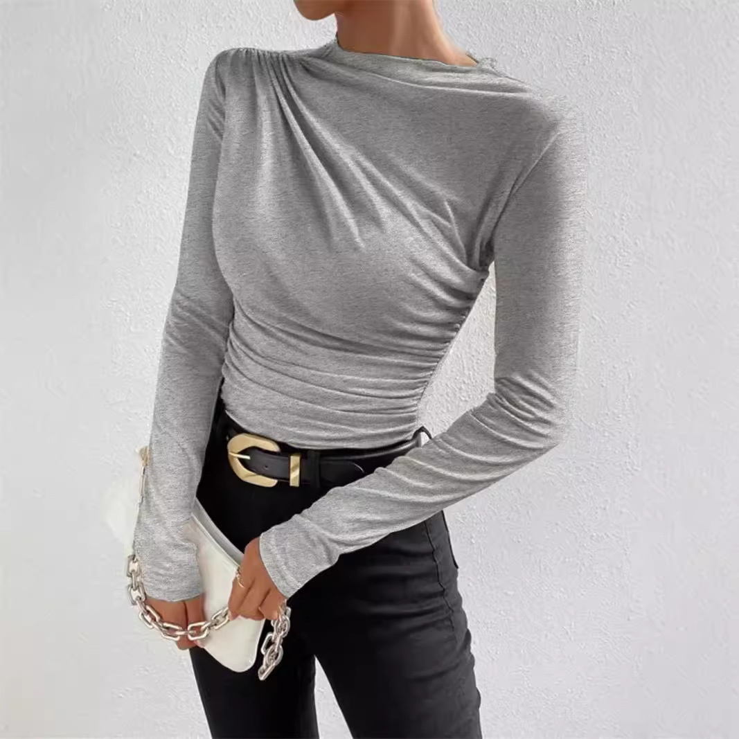 Designer 2024 autumn/winter solid color temperament slim fit versatile pleated design sense long sleeved top T-shirt for women