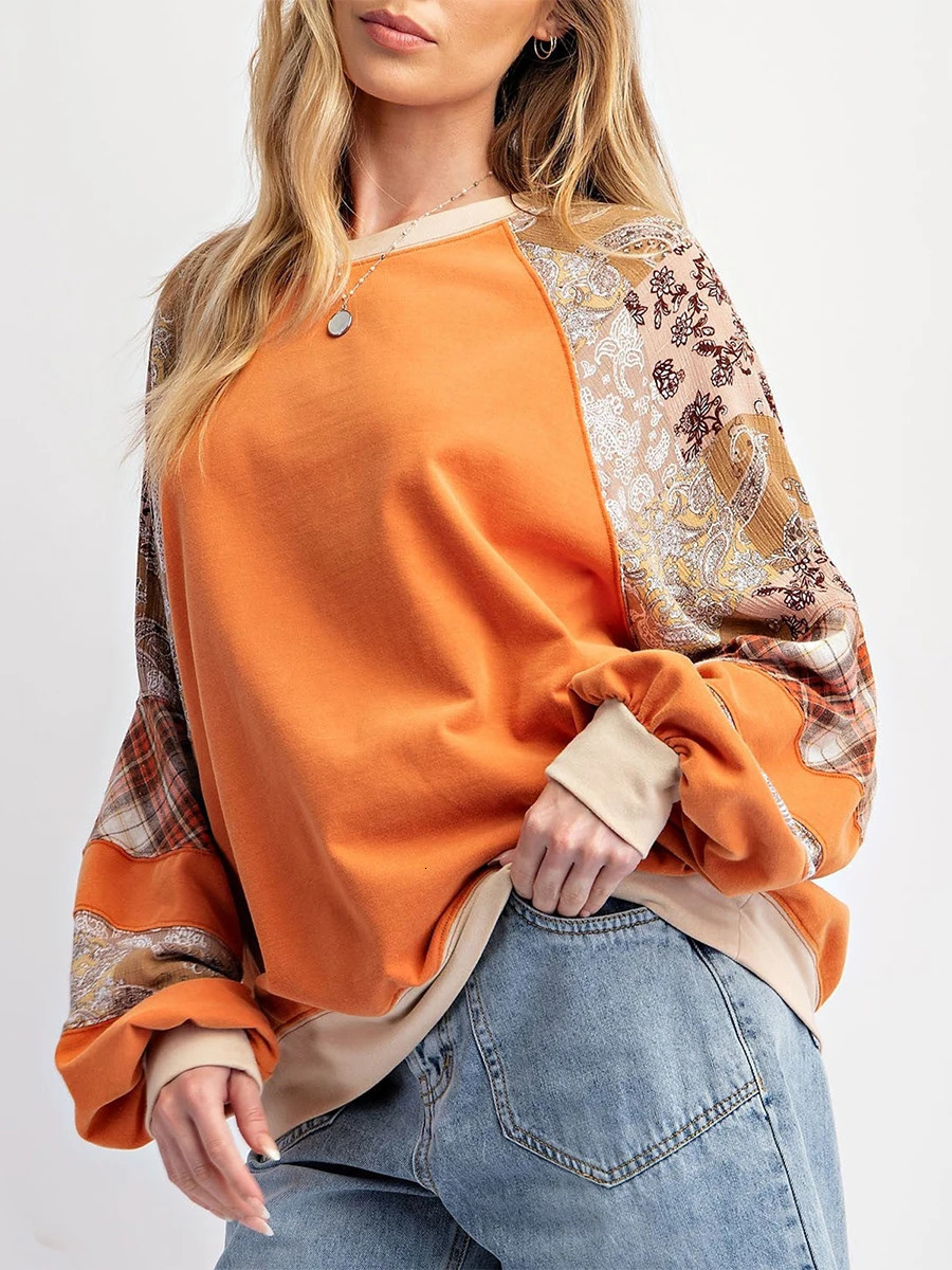 Vintage Indie Sweatshirt Contrast Print Loose Crew Neck Long Sleeve Pullover Tops Womens Casual Fall Tshirt Tees Streetwear 241031