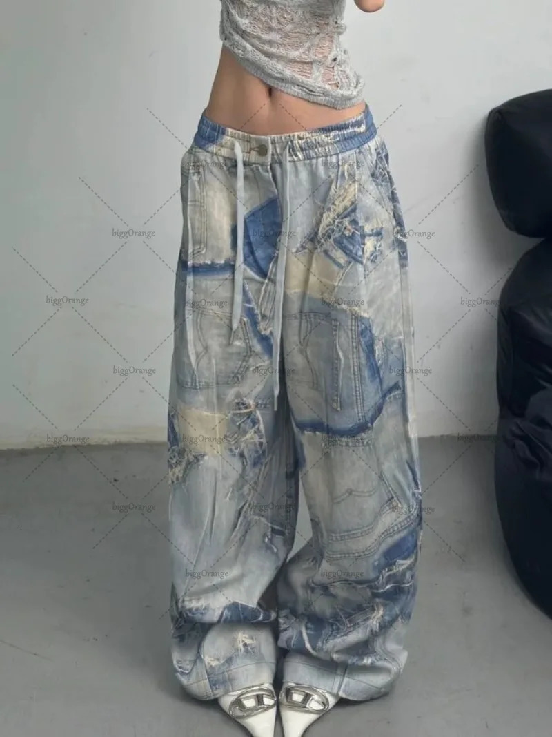 Y2K Harajuku Clothing Women American Street Retro Washed Baggy Jeans Trend Camouflage Distressed Wide-leg Straight Pants 241031