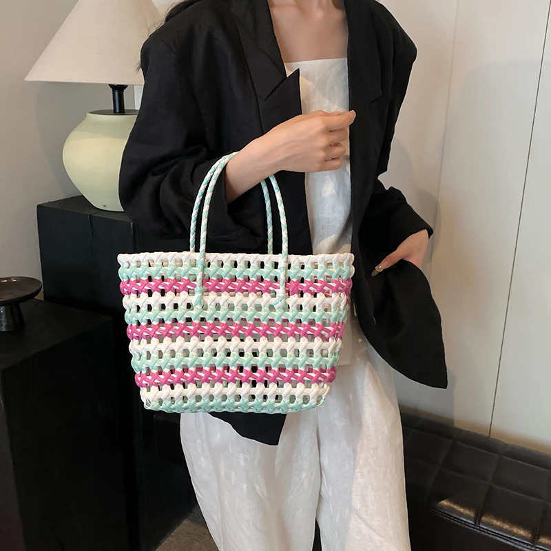Summer Woven Beach Bag for Women Handbag Basket Bucket PVC Tote Bags Plastic Travel Sports Shoulder Shopping 241029