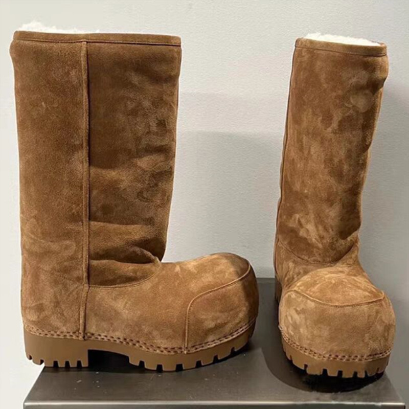 Winter Mid-Calf Plush Thick Sole Non-Slip Solid Color Women Classic Retro Genuine Leather Brown Long Boots