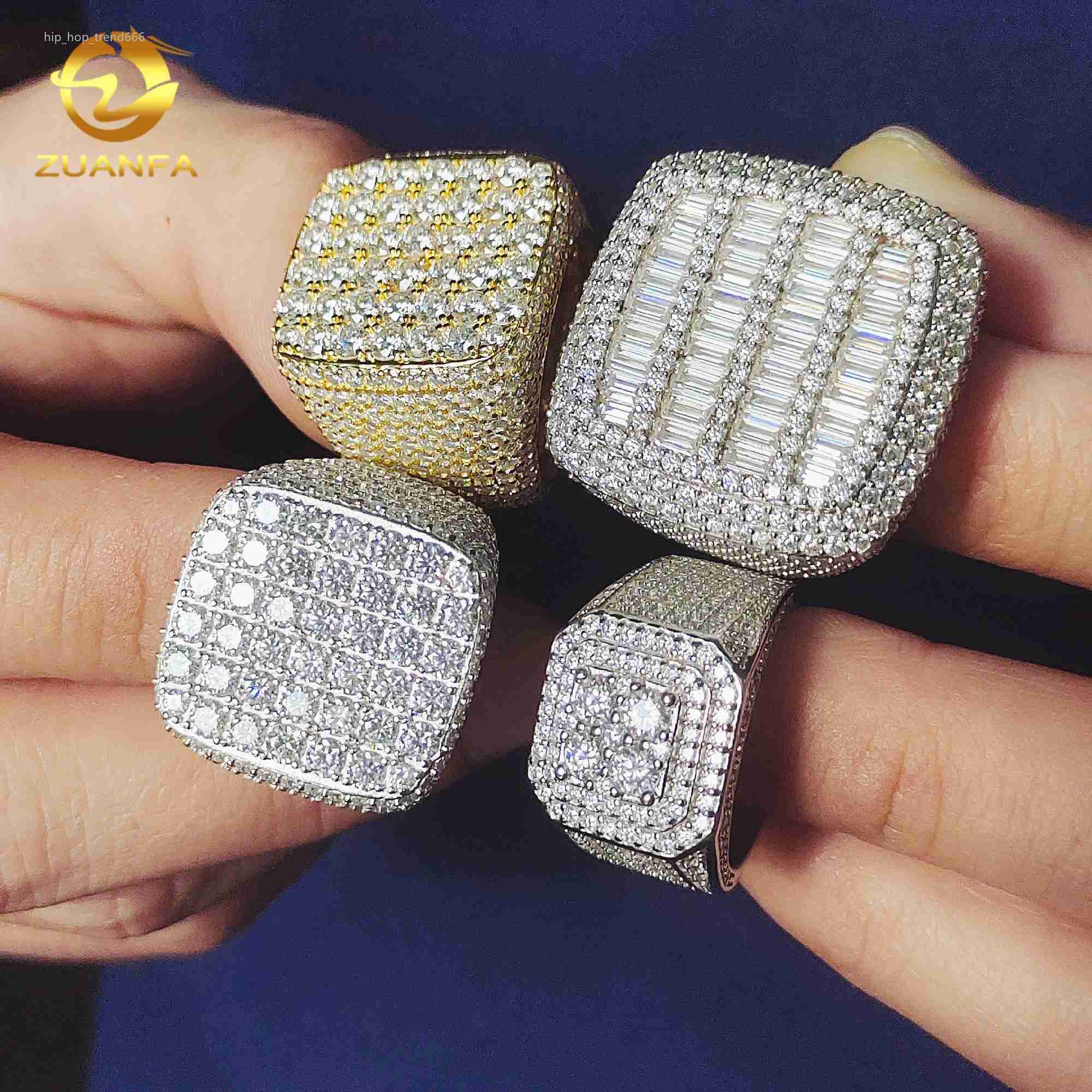 Iced out fashion jewelry men hip hop engagement moissanite rings 925 silver square shape baguette moissanite diamond rings