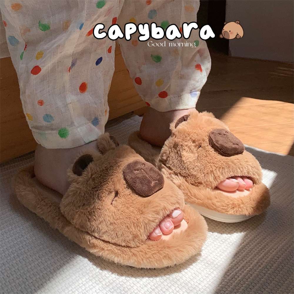 Cute animal slippers for women girls Fashion Kawaii Fluffy winter warm women cartoon fun Capibala shoes
