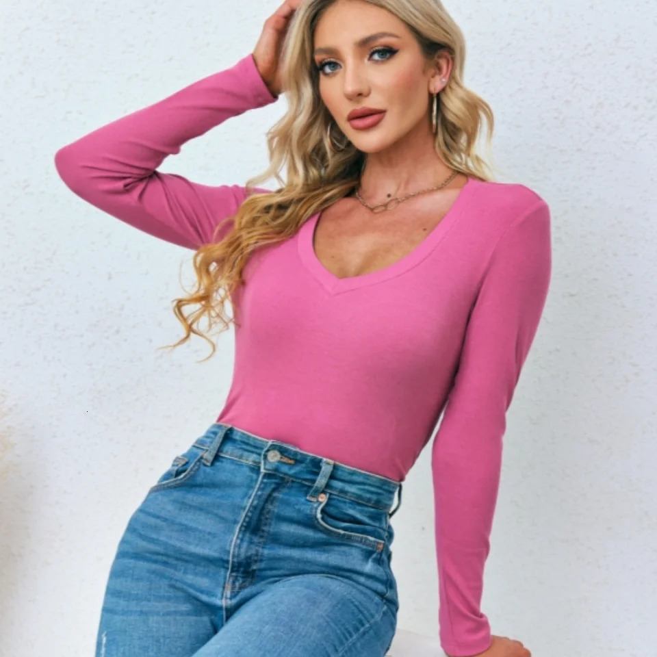 Womens Ribbed Knit Long Sleeve TShirt Top Autumn Winter Casual Slim Fit Basic Deep V Neck Fashion Sexy Pullover Tops 241031