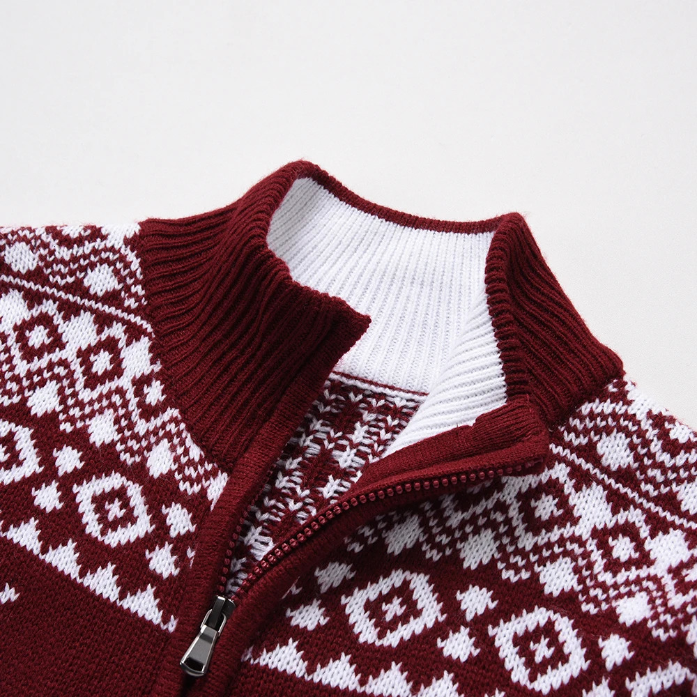 Men Autumn Casual Jacquard Christmas Pattern Zip Sweater Cardigan Jacket Winter Long Sleeve Mock Neck Pullover 241031