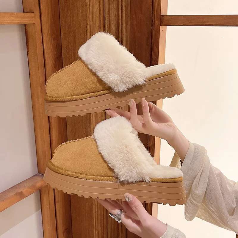 Snow Fur Slippers Female Wearing 2024 New Baotou Flat Half Drag Thick Sole Cotton Shoes Women Boots