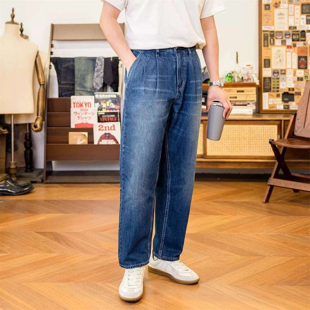 Red Tornado Denim Two Tuck Pants Ameki Style Men's Casual Trousers Washed Blue Jeans