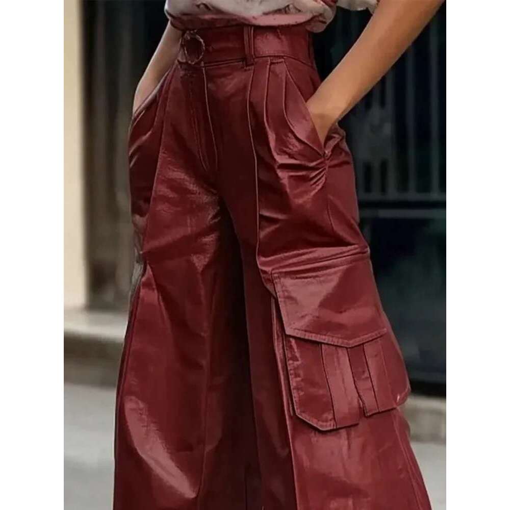 Modigirl Winter Women Faux PU Leather Pants Red Black High Waist Streetwear Clothes Womon 2024 Original Wide Leg Trousers