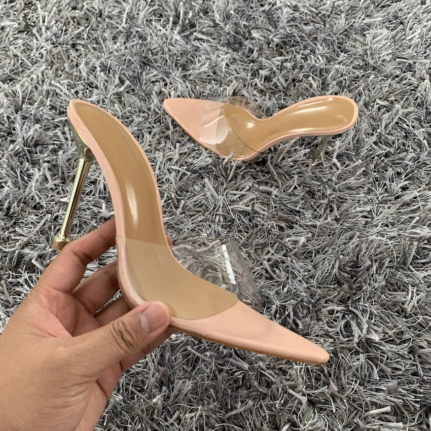 2024 Summer Women Pumps Transparent PVC Slippers Women Pointed Toe Metal Stiletto High Heels Sandals Ladies Mules Shoes 241031