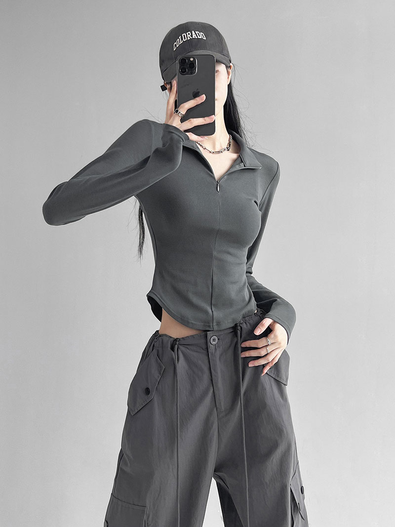 Stretch sports tops women 2024 new tight lapel T-shirt women Slim and thin sexy waist tops