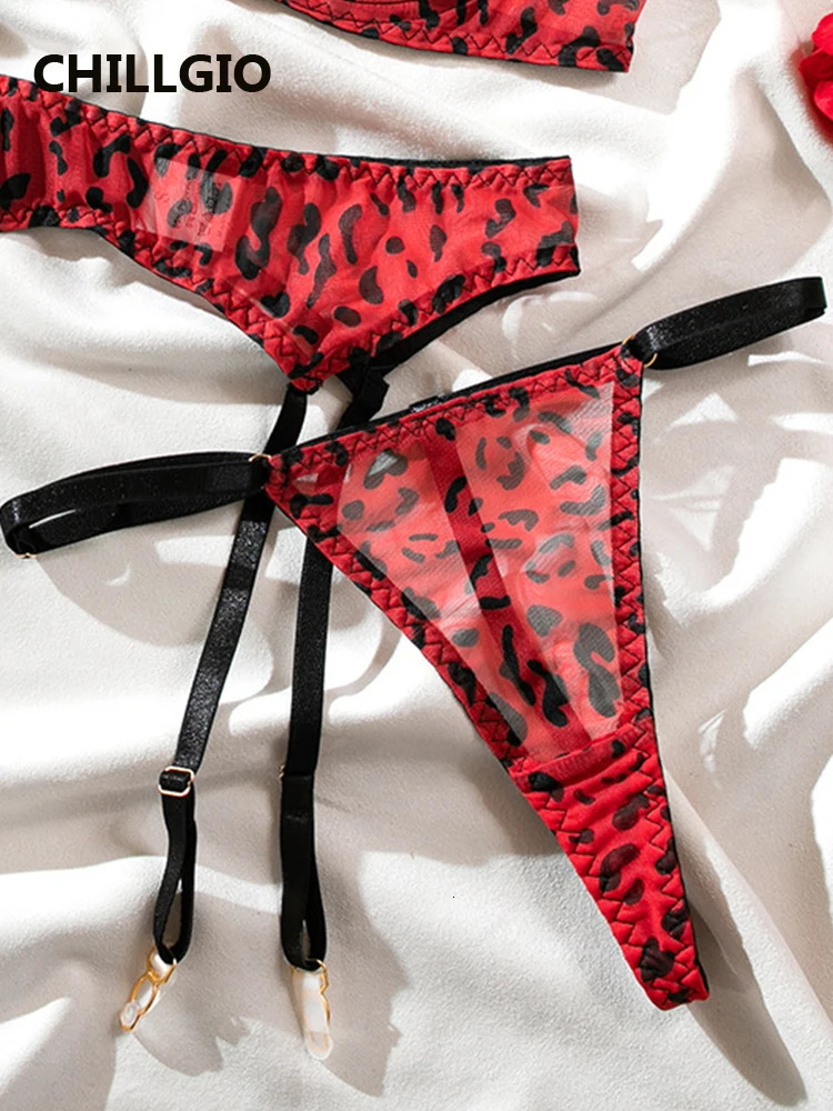 CHILLGIO Women Leopard Print Bra Brief Suits Fashion Erotic Mesh Underwire Underwear 4 Piece Transparent Lingerie Stockings Sets 241031