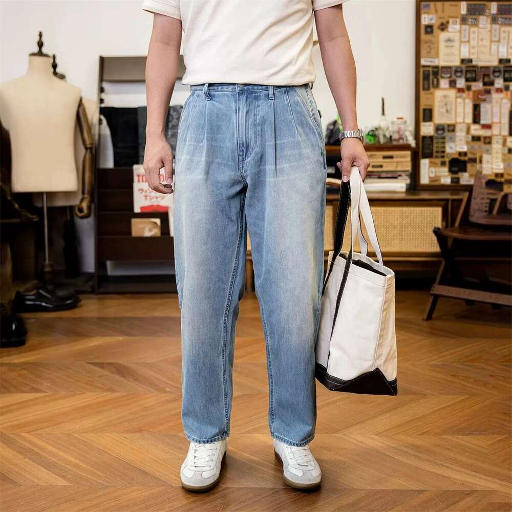Red Tornado Denim Two Tuck Pants Ameki Style Men's Casual Trousers Washed Blue Jeans