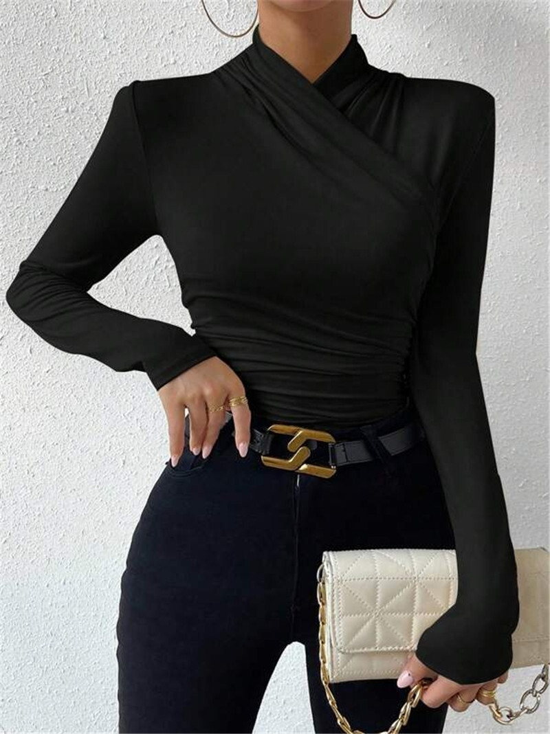 Designer's autumn and winter new design cross neck slim fit versatile pleated T-shirt