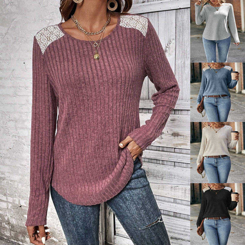 Designer Women's New T-shirt Spring and Autumn Round Neck Pit Strips Brushed Lace Long Sleeve Top for Women