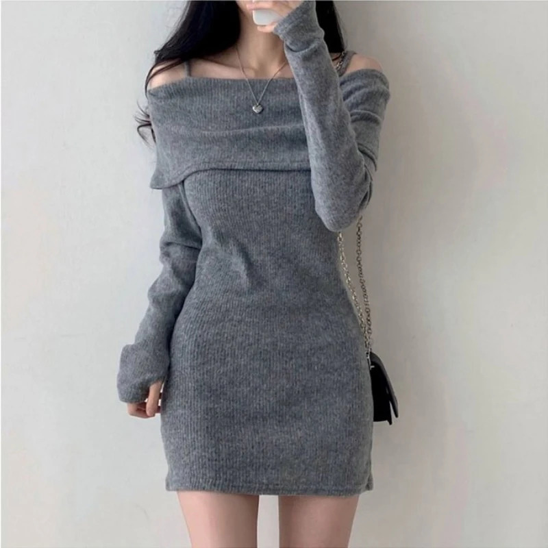 Y2K Women Knitted Mini Dress Korean Sexy Off Shoulder Female Dress Spring Spaghetti Strap Long Sleeve Ladies Vestidos 241031