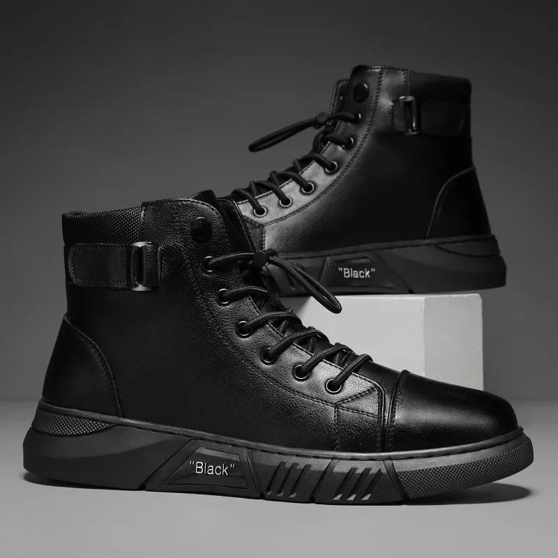 Mens Boots UK Leisure Platform Mens Leather Boots Black Motorcycle Boots Winter Comfortable and Warm Mens Ankle Shoes 241031