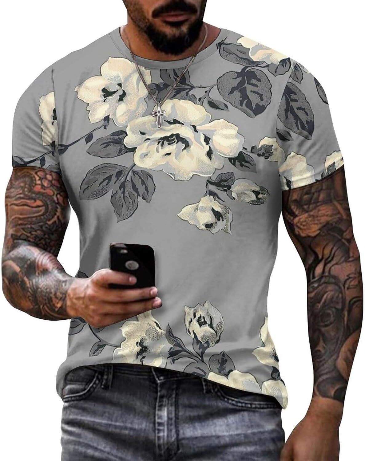 Mens T shirt Summer Rose Flower Pattern Cotton T-Shirt 3D Printed Casual Shirt Men's Crew Neck T-Shirt tee Casual tops summer clothes