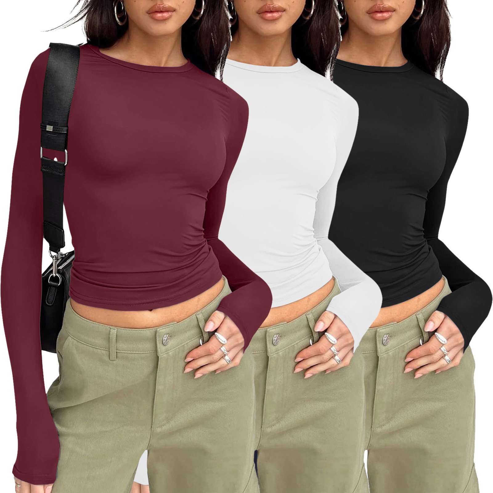 2024Designer casual long sleeved spring and autumn solid color slim fit pullover T-shirt women's street wear base shirt top three piece set