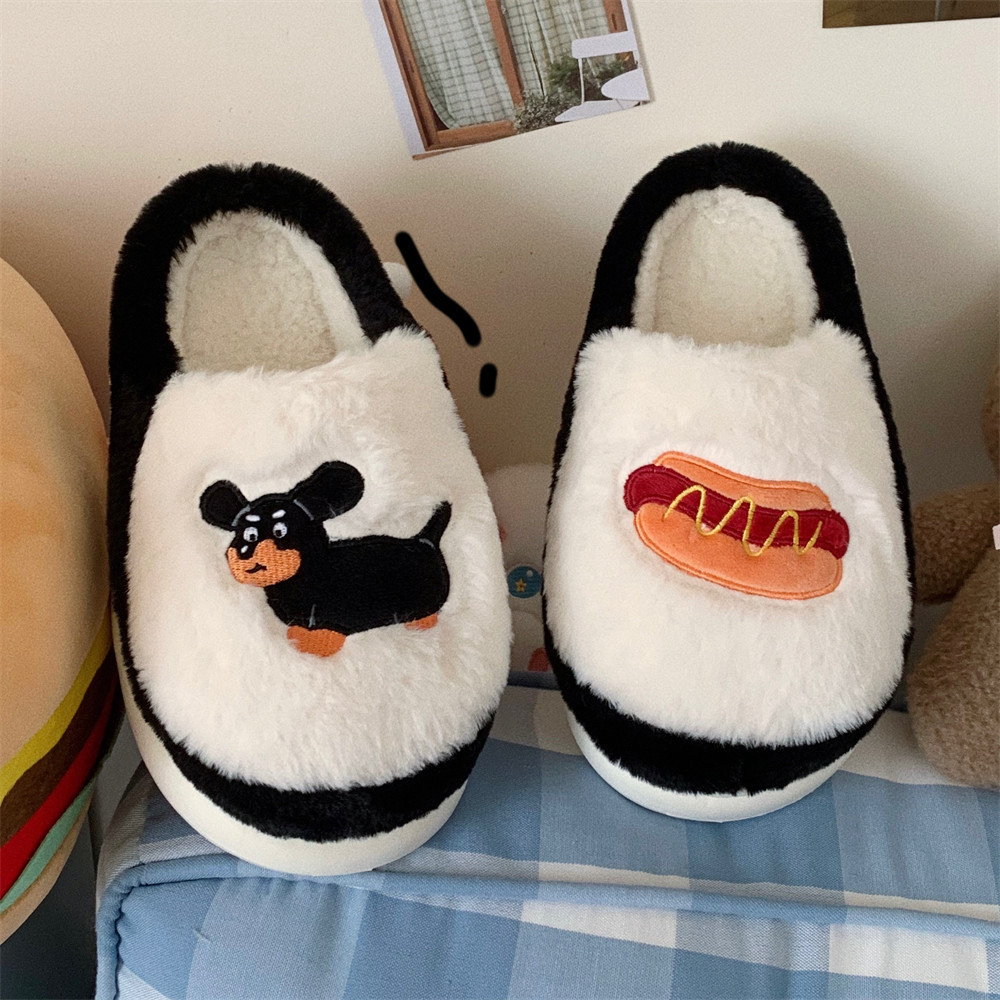 Female winter personality cartoon dachshund puppy fluffy cotton slippers Warm and interesting shoes for home bedroom in winter