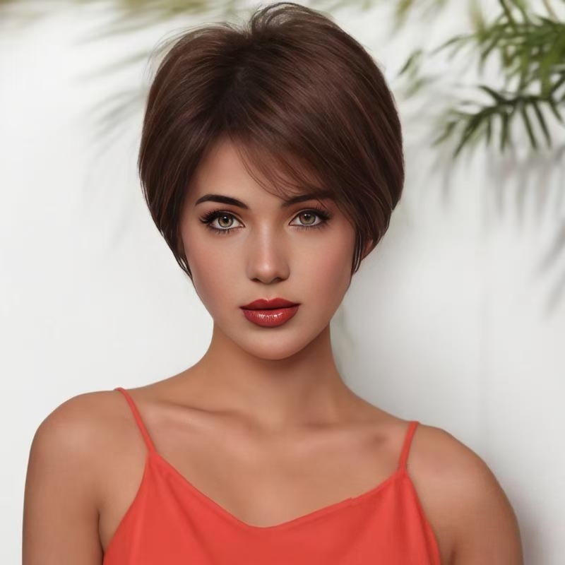 Fashion wig short straight hair side parted bangs synthetic fiber full headpiece wigs human hair