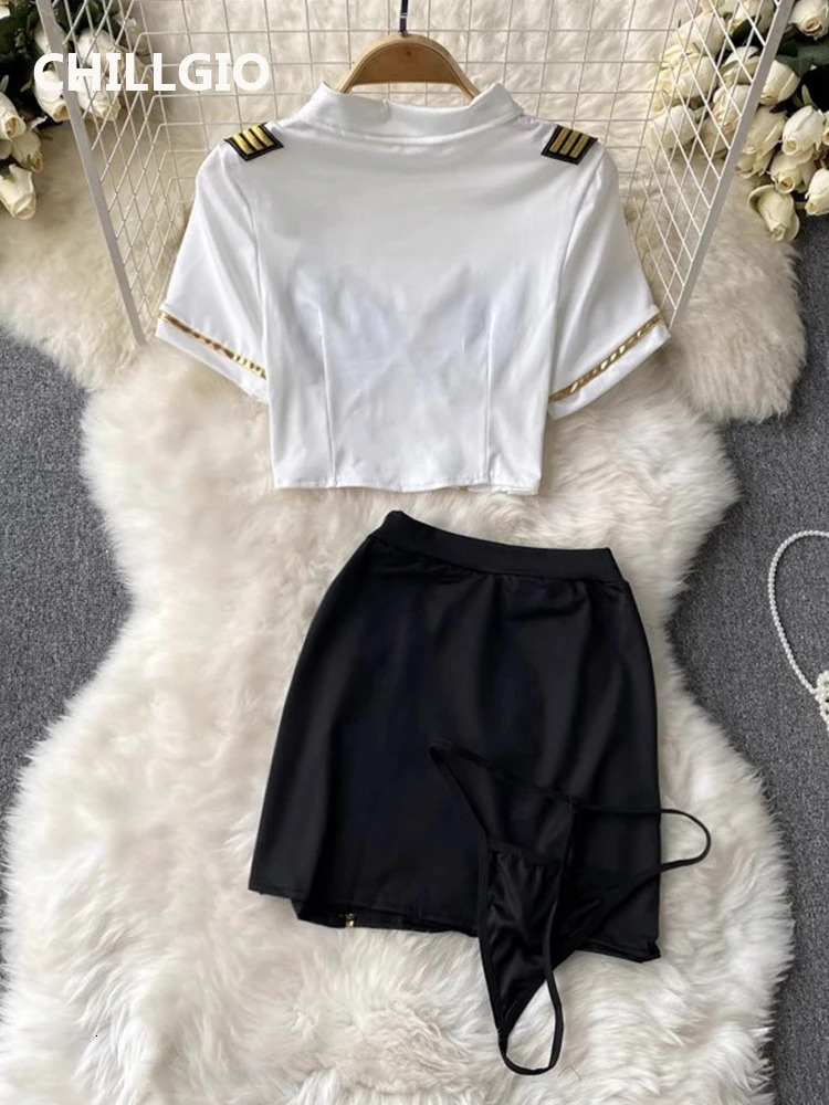 CHILLGIO Women Sexy Uniform Skirts Suits Lace Patchwork Turn-down Collar Tops Mini Skirt Underpants 3 Pieces Erotic Pajamas Sets 241031