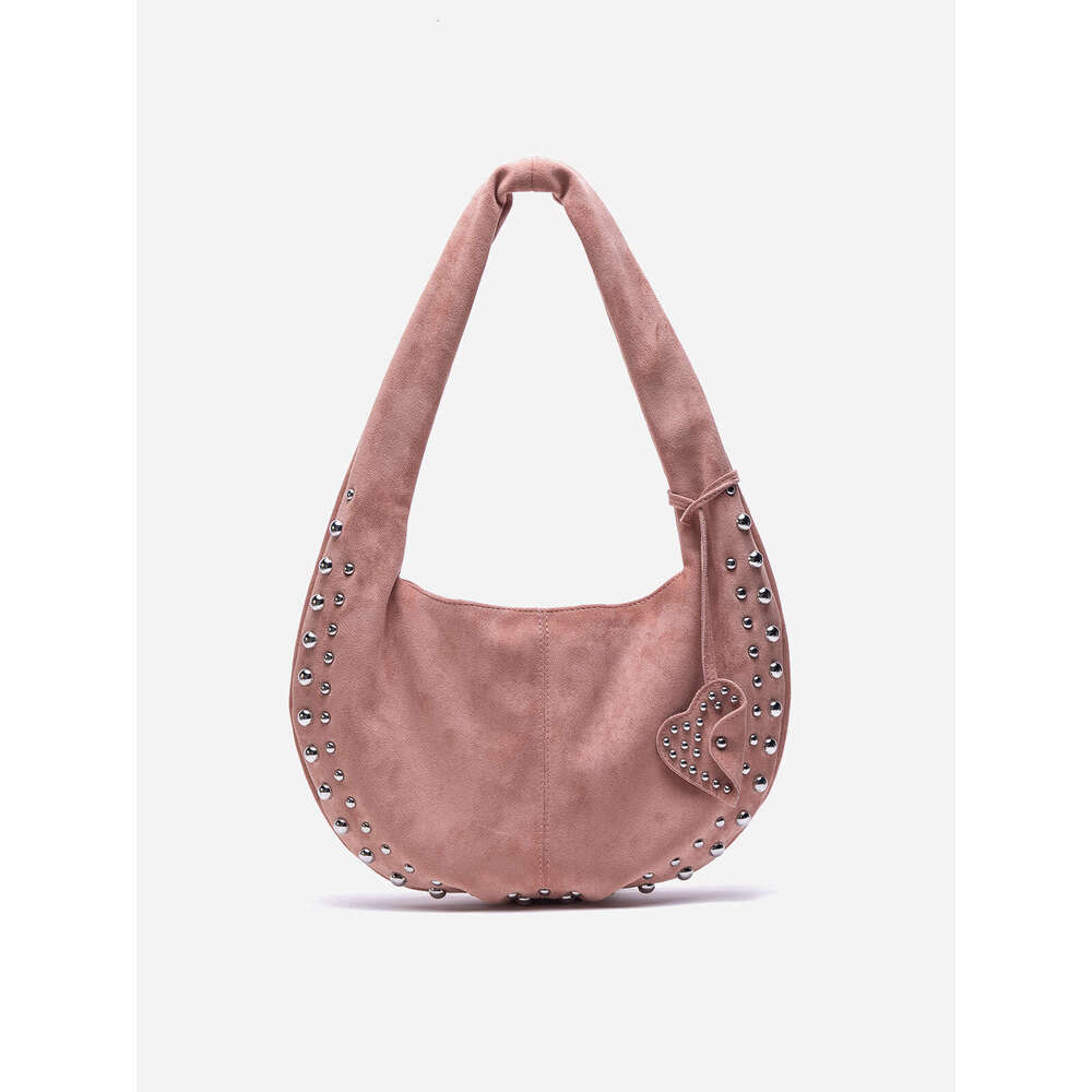 24Ss Women's Shoulder European And American Style Rivet Handbag Suede Retro Motorcycle Soft Armpit Bag