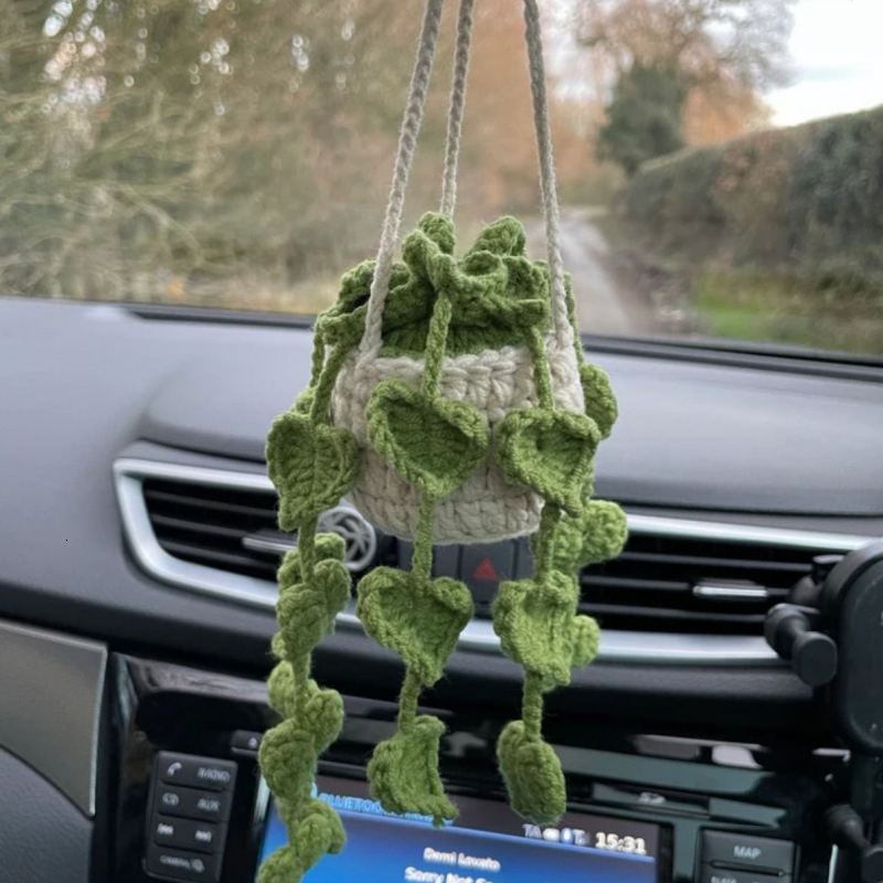 New 1Pcs Mirror Hanging Accessories Handmade Knitted Woven Finished Crochet Potted Plant Rear View Decor Car Interior Ornaments