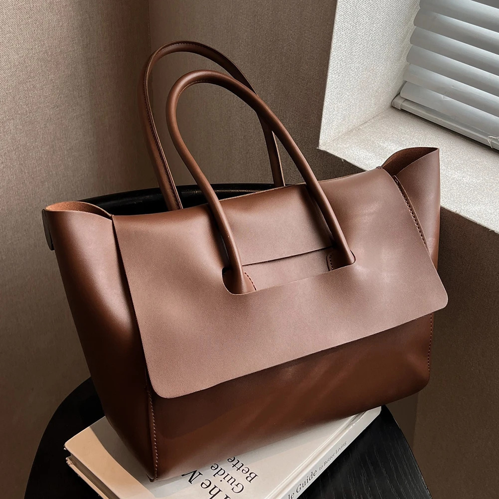 Retro Leather Tote Bags For Women Large Capacity er Trendy Shopping Korean Version Handbag Womens Bag 241030