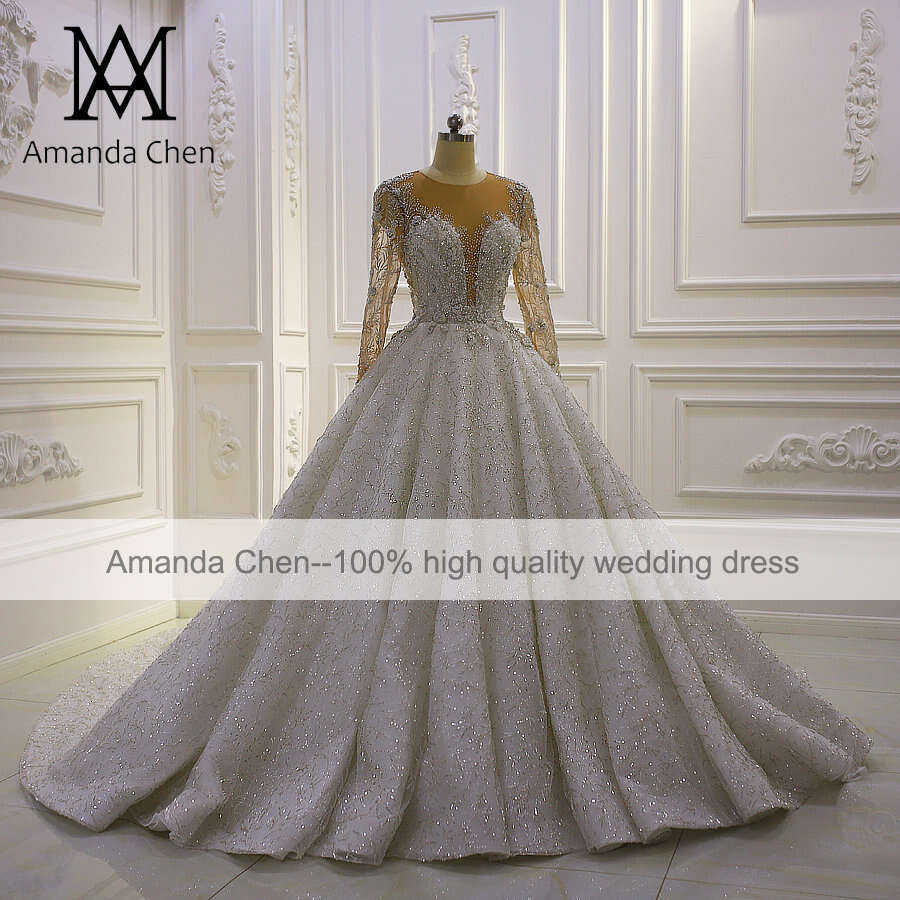 robe femme Full Sleeve Lace Appliques Crystal Wedding dress