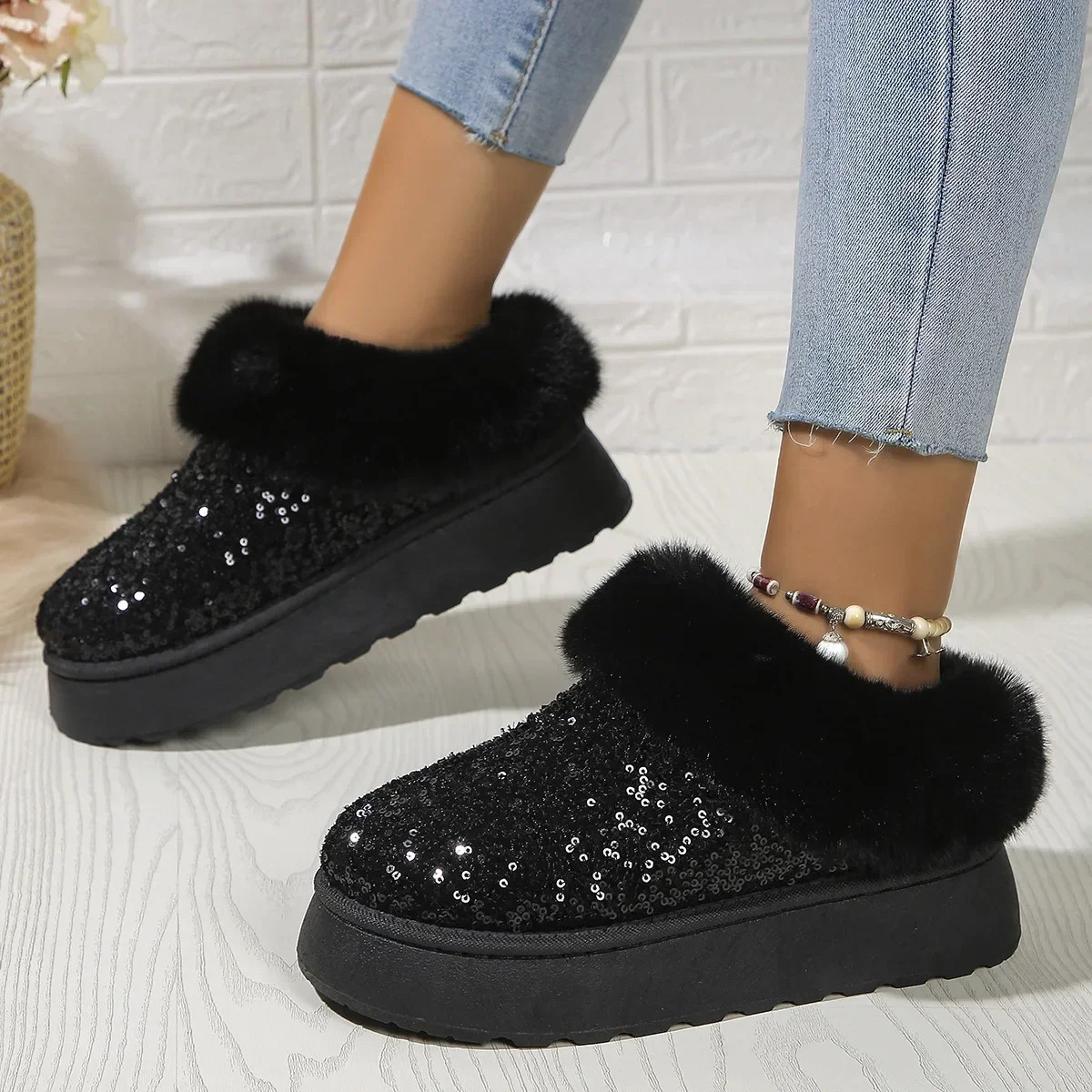 Ankle Snow Boots Womens Winter Shiny Fur Short Plush Warm Flat Slippers Platform Shoes Indoor Cotton Flip Cover 241031