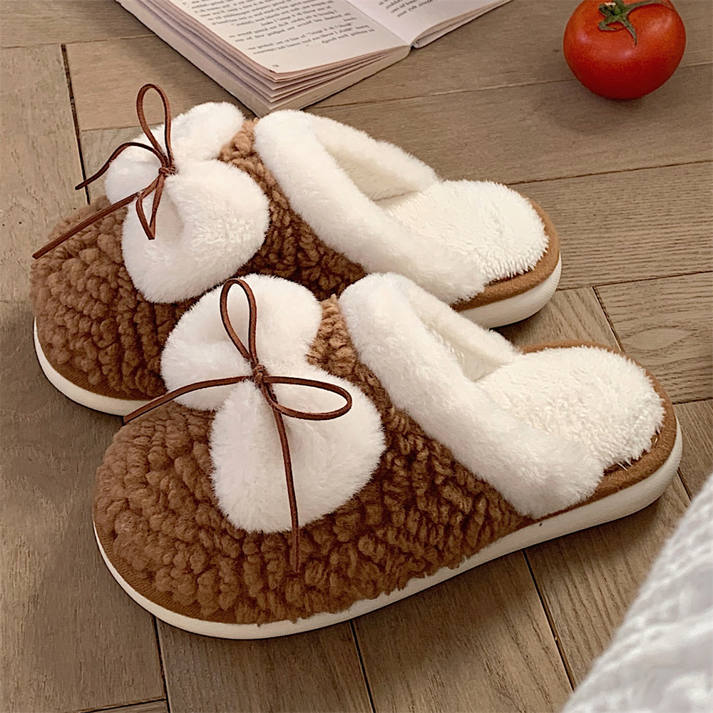 Bow Family Slippers Women Girls Cute fluffy winter warm plush indoor flats Bedroom slide casual women's cotton slippers