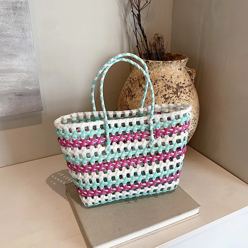 Summer Woven Beach Bag for Women Handbag Basket Bucket PVC Tote Bags Plastic Travel Sports Shoulder Shopping 241029