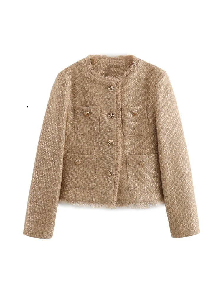 Women Elegant Tweed Cropped Jacket Autumn Button Frayed Long Sleeve Jackets 2024 Female Fashion O-neck Pocket Short Coats 241030