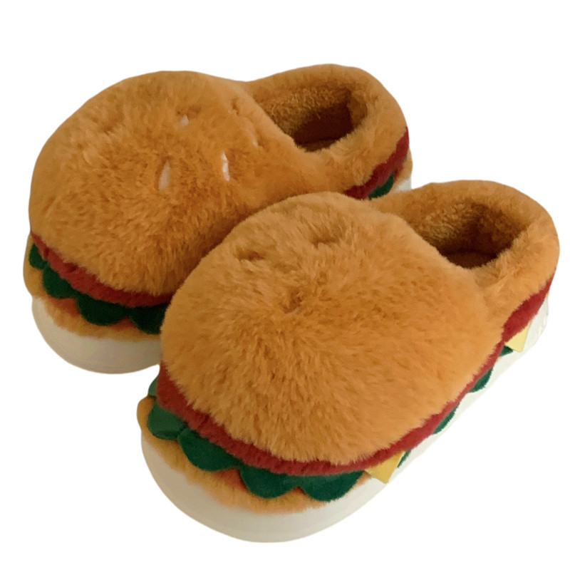 Women winter personality funny hamburger fluffy cotton slippers home bedroom warm and interesting shoes in winter