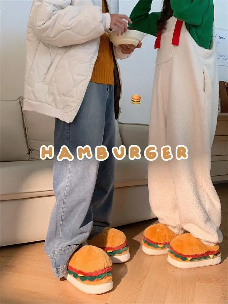 fun hamburger slippers women man winter fluffy room warm shoes fur slides fuzzy indoor half shoes Easter bread slipper 44 45 241031