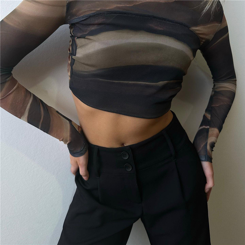 INS style 2024 autumn new women's fashion printed mesh sexy backless slim fit short crop top T-shirt