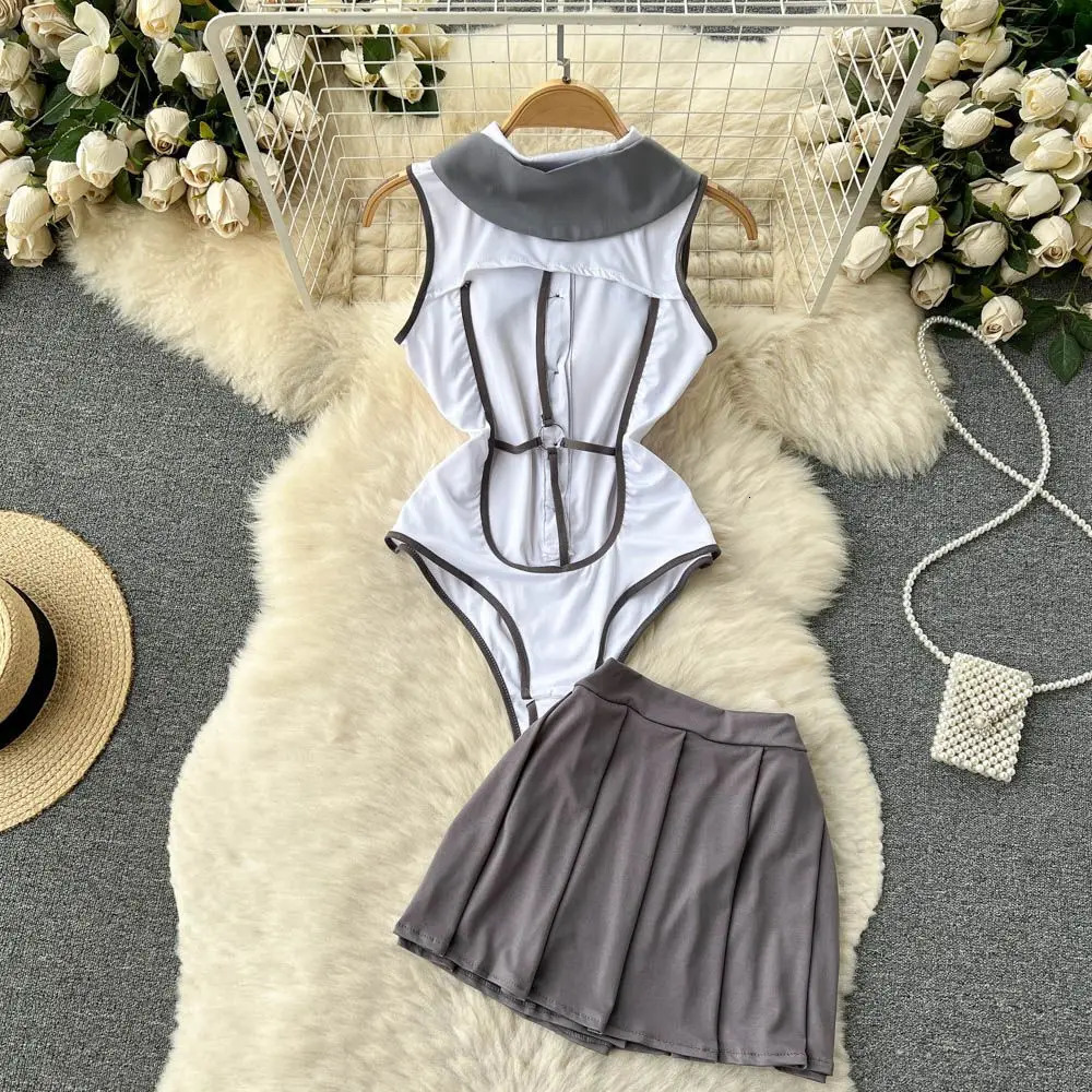 Sweet Bow Preppy Uniform Suits Button Backless Sleeveless BodysuitsPleated Skirt Lingerie Women Sexy JK Erotic Rompers Sets 241031